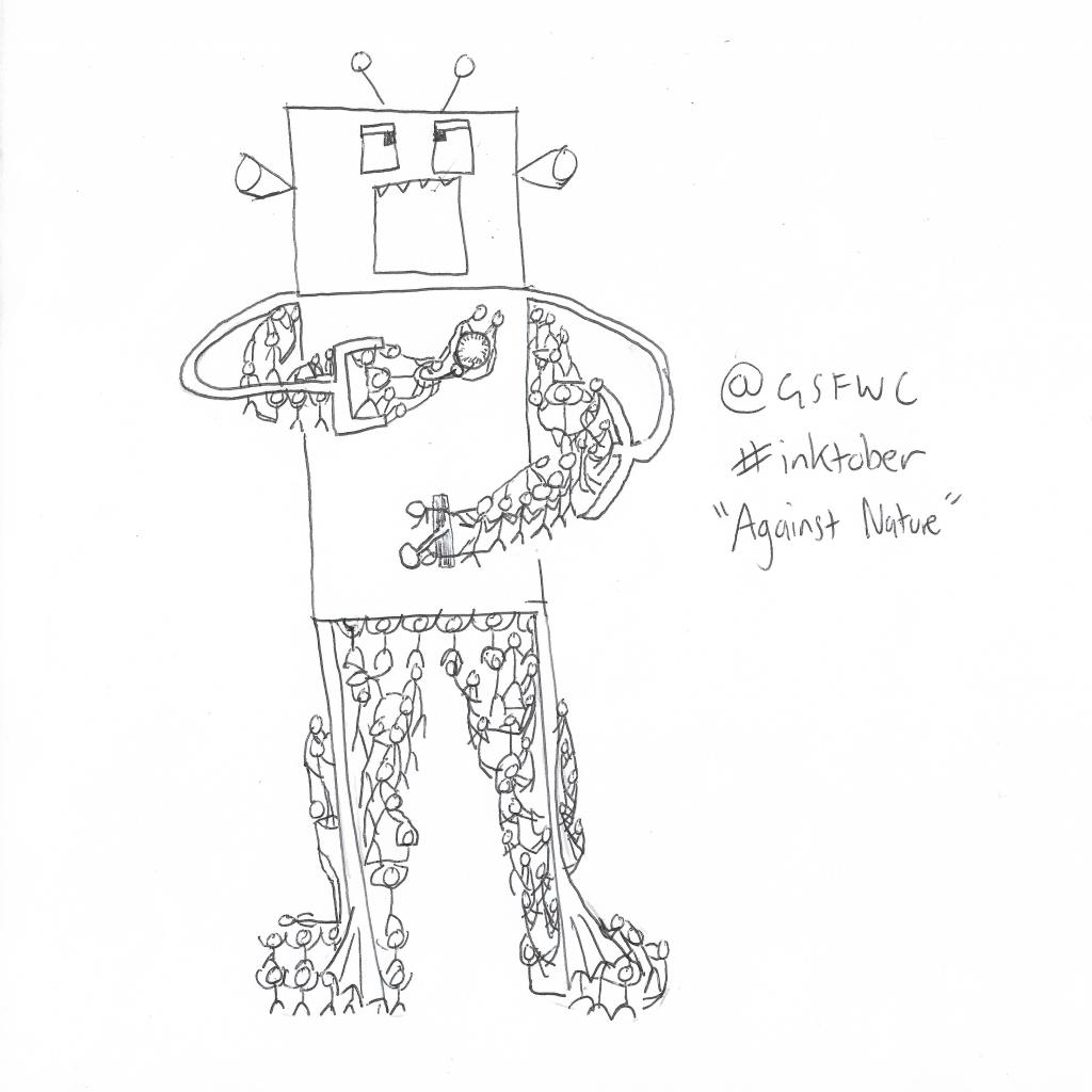 Metaman embraces robot from behind, arms reaching round to fiddle with knobs and switches