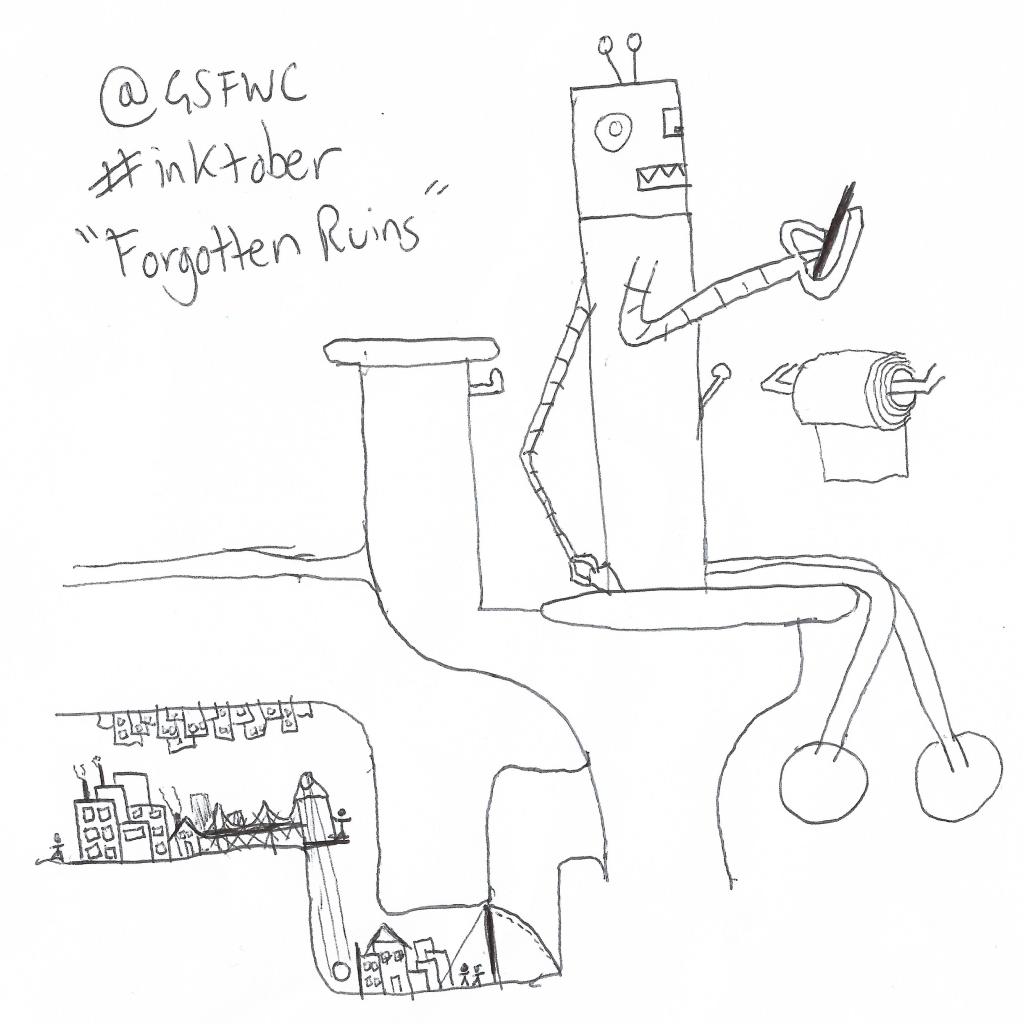 Robot sits on toilet looking at phone. Unseen, humans are living in the U-bend.