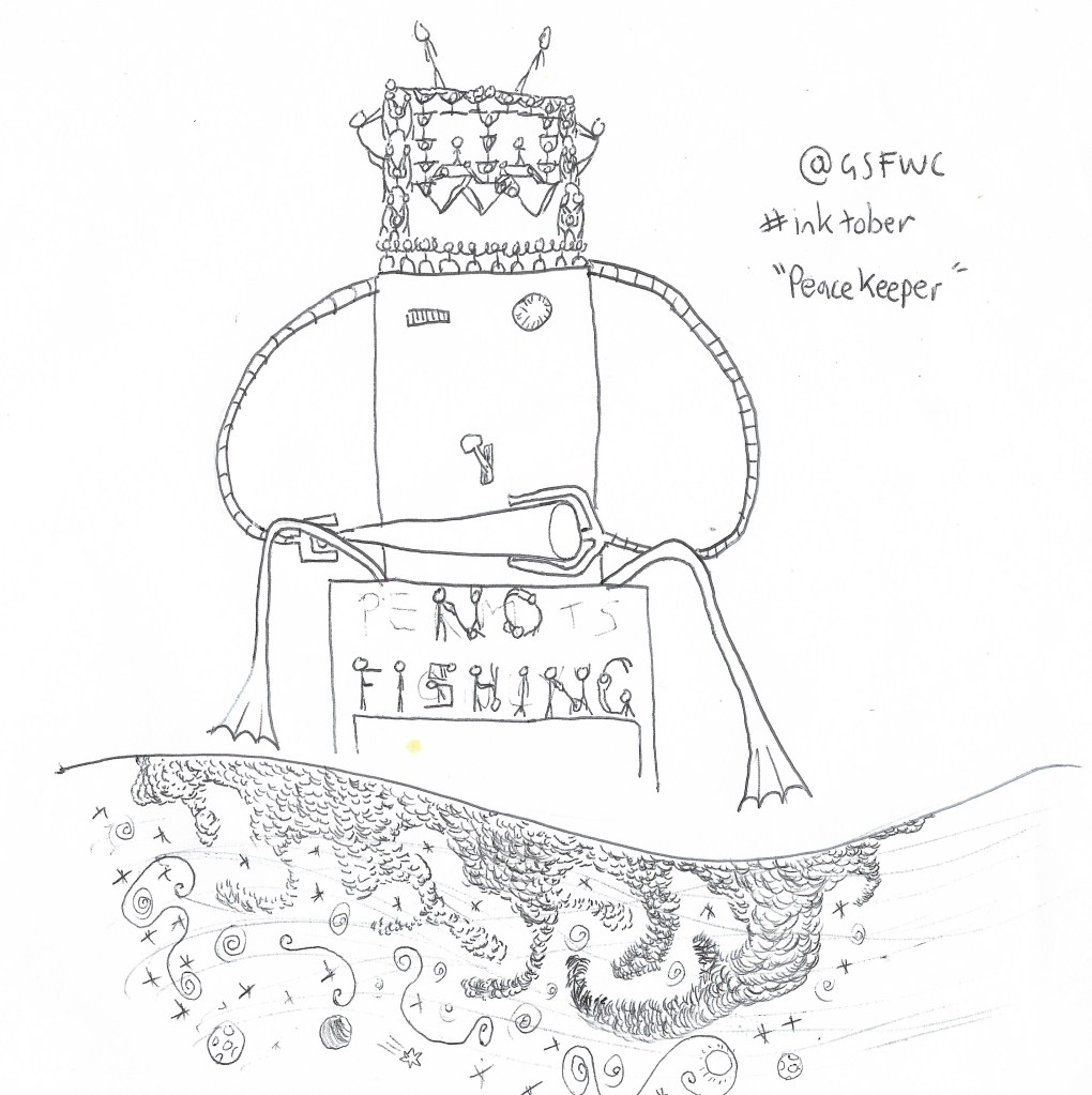 Hybrid Robot/Metaman (metaman head on robot body) sits on "Permits Only" sign (now reads "No Fishing"), holding a baseball bat threateningly.