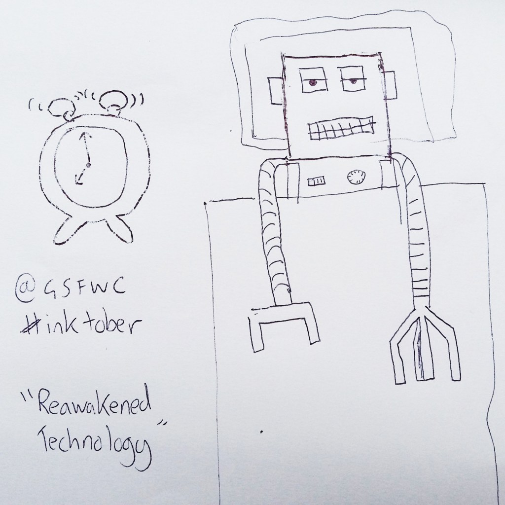 Robot half asleep with alarm clock ringing by bed