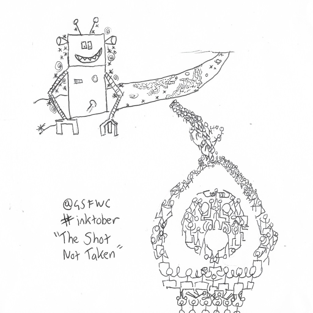 Robot climbs out the Milky Way, stars dripping from his torso. The MetaMan looks on, MetaManGun loaded and ready to shoot, but doesn't.