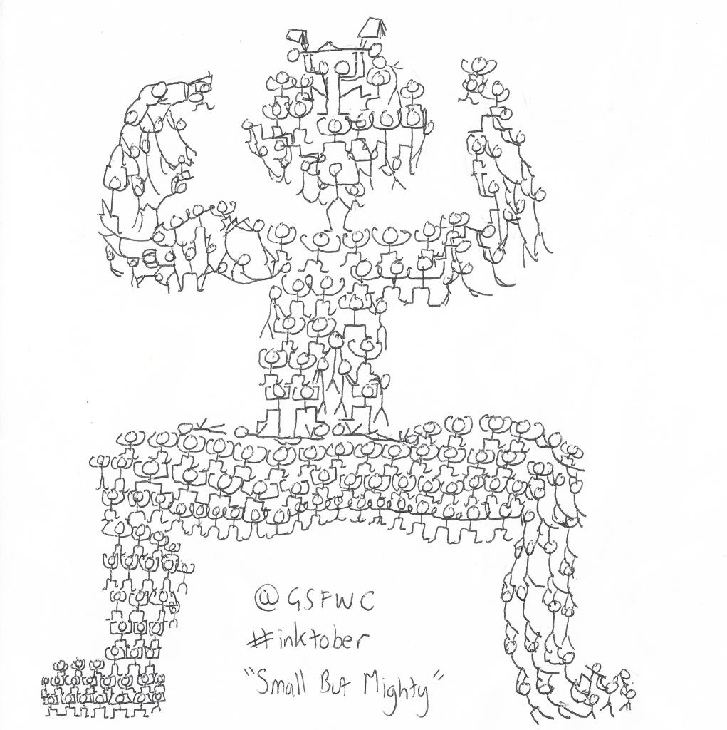 Hundreds of tiny human stickmen all holding each other up to form one giant powerful looking meta-humanoid