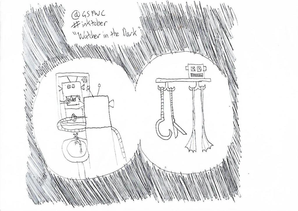 View through binoculaurs of shark-faced-robot brushing its teeth, and a shelf with original face and alternate limb modules (hook, scissors, flippers)
